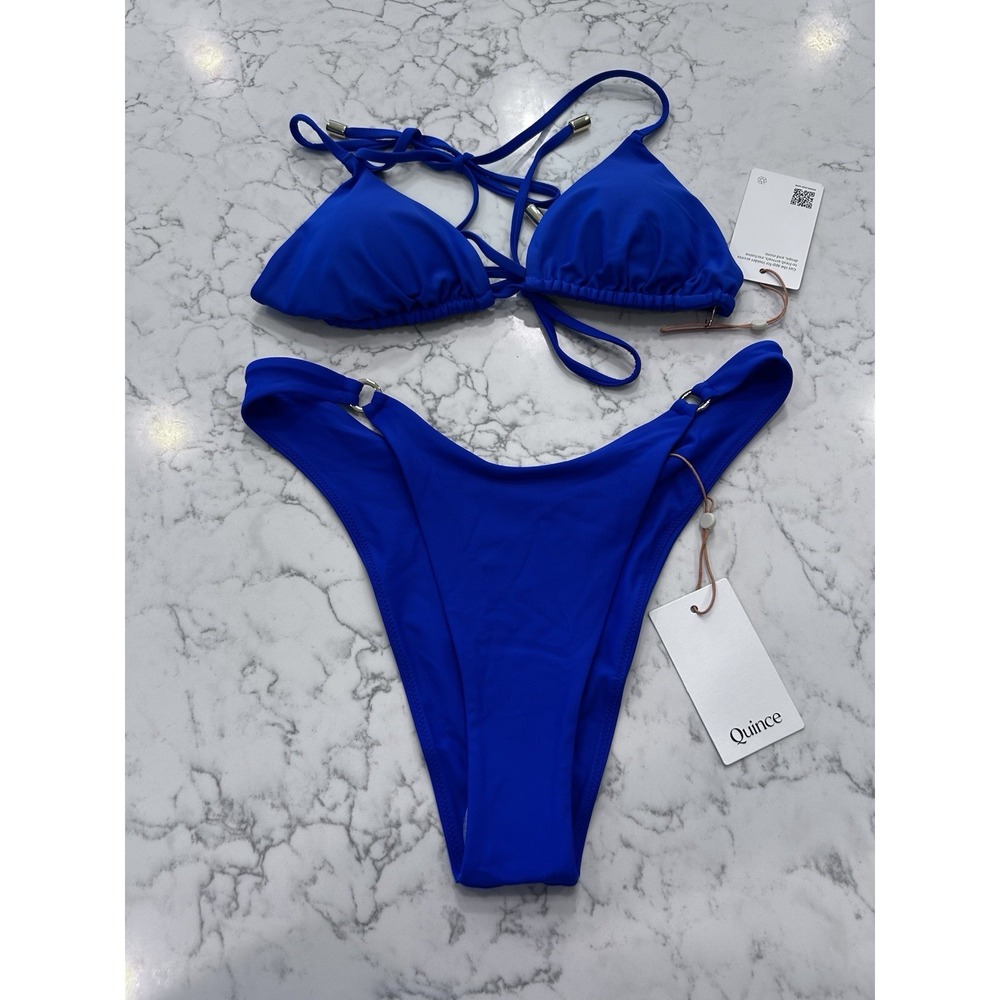 NWT Quince Electric Blue Italian Triangle Bikini Top & High Leg Ring Bottoms S